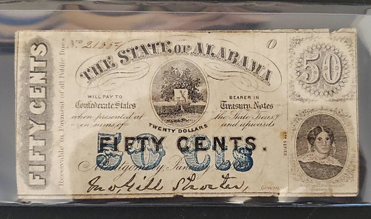 1860s state of Alabama obsolete 50 cent note fractional currency