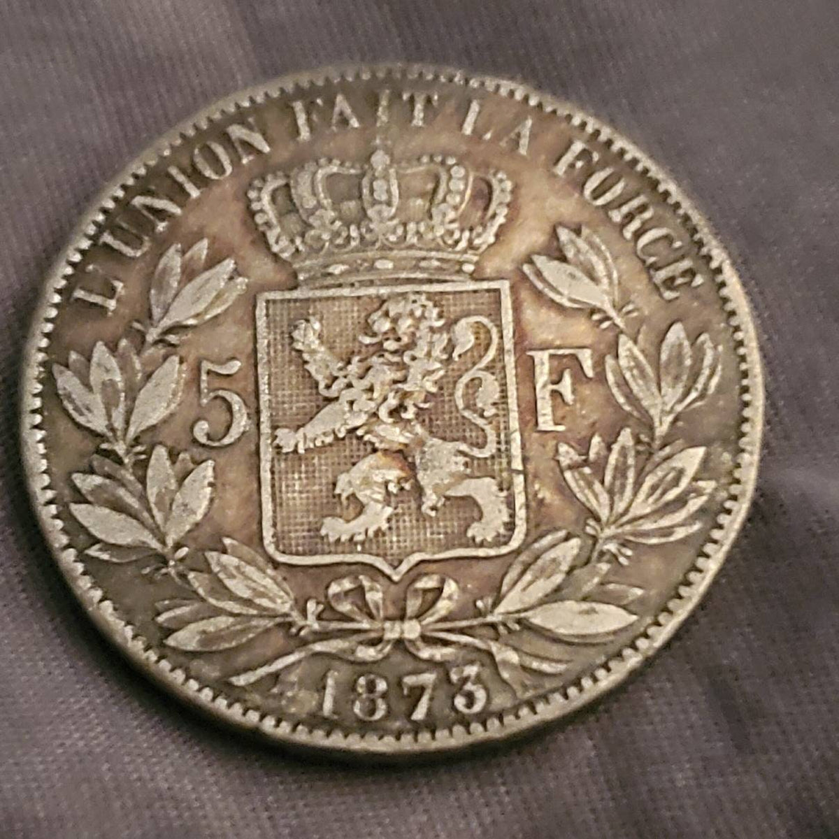 1873 Belgium 5 francs large silver coin European antique