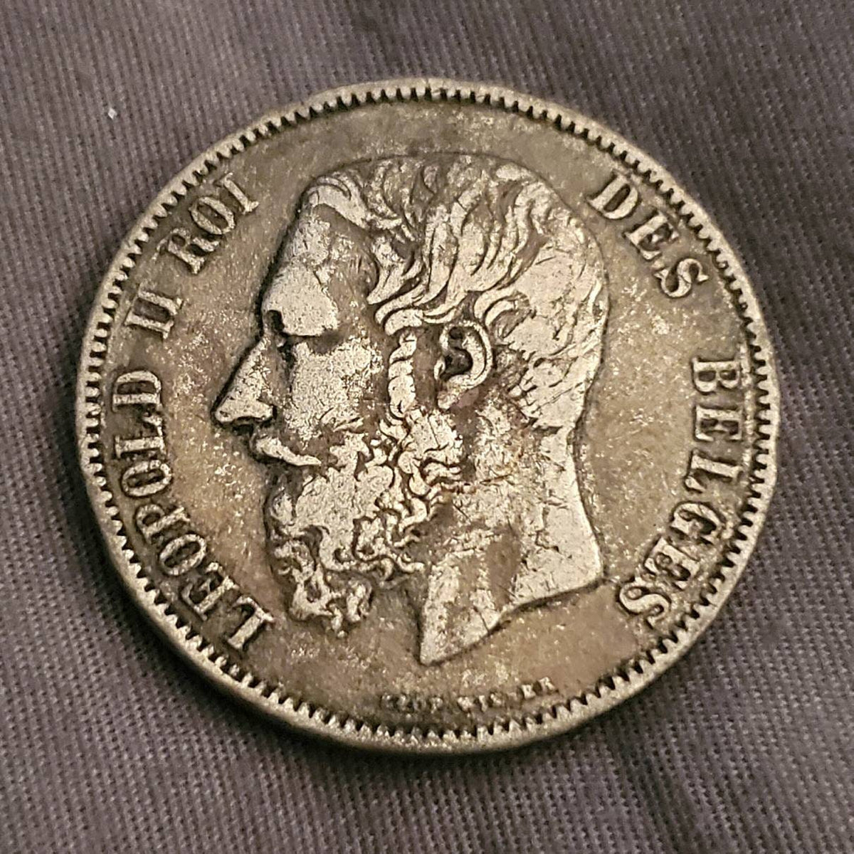 1873 Belgium 5 francs large silver coin European antique