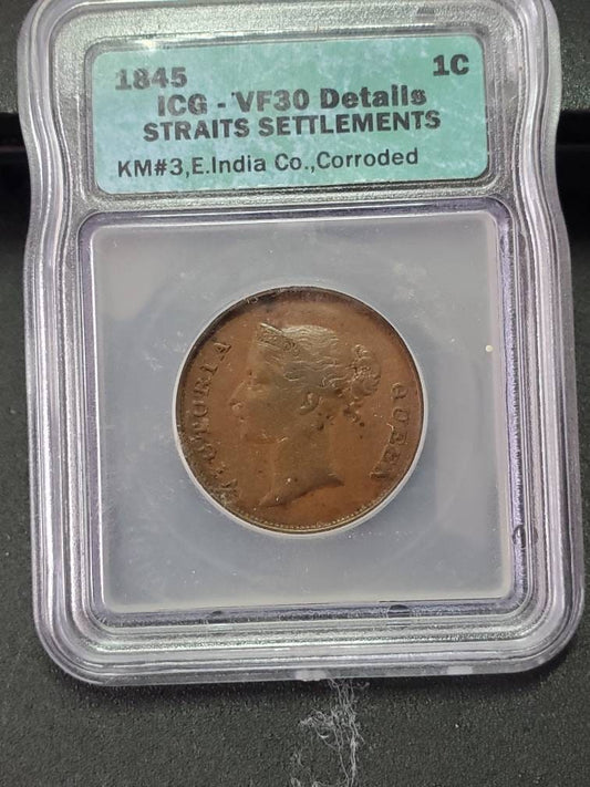 1845 Malaysia straights settlement copper large cent icg graded very fine, graded old copper token,  coin collecting gifts for him