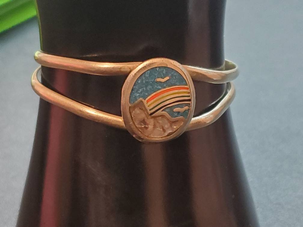 Rainbow mountain scene silver cuff bracelet handmade one of a kind, southwestern sterling cuff bracelet