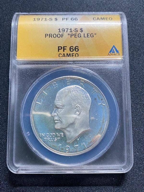 1971s Eisenhower proof silver dollar anacs graded proof66 cameo peg leg variety