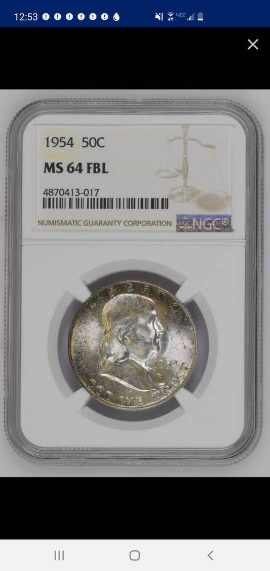 1954 franklin silver half toned ngc ms64 full bell lines