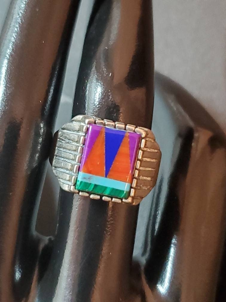 Sterling silver handmade solid ring southwest style coral turquoise inlays