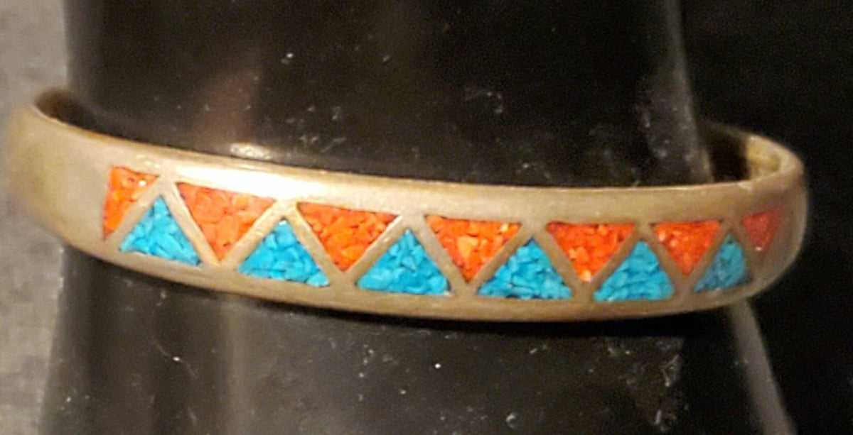 Southwestern silver bracelet thick sterling precious metal with coral and turquoise