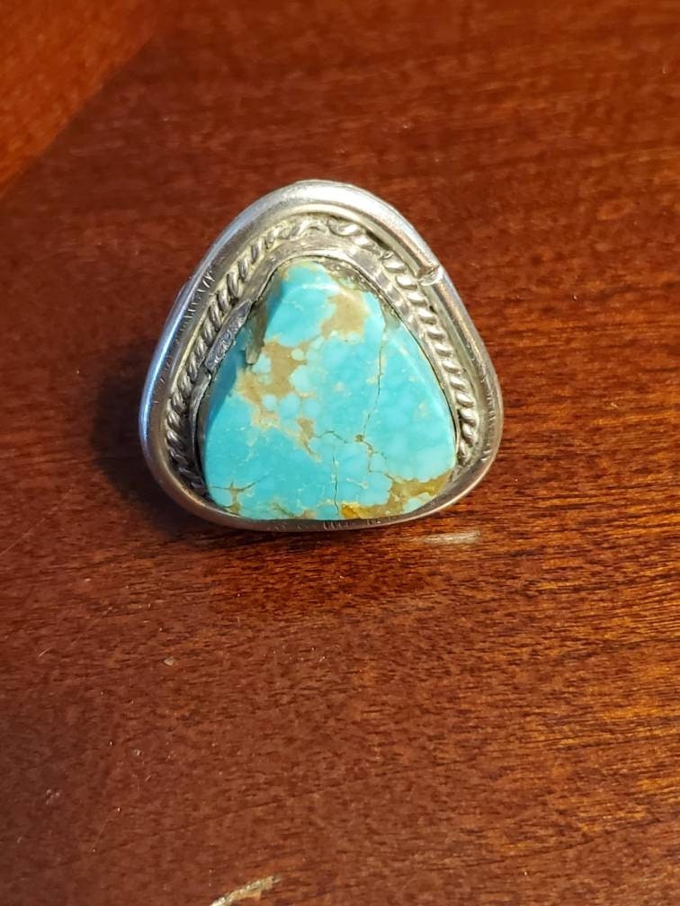 Sterling silver pawn ring turquoise precious green stone jewelry mothers day