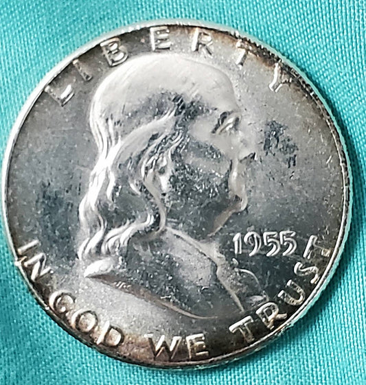 1955 uncirculated franklin silver half dollar key date low mintage,  frosty