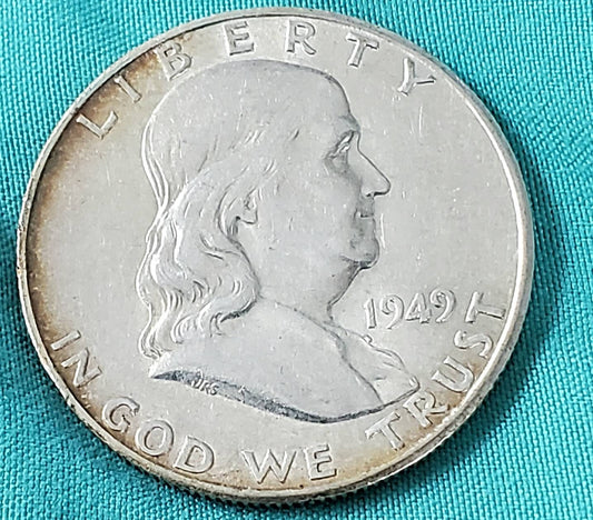 1949s key date Ben Franklin half dollar, low mintage silver coin