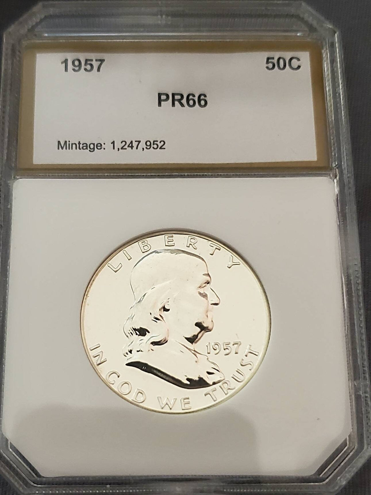1957 proof silver Franklin half, pci graded proof66, looks undergraded
