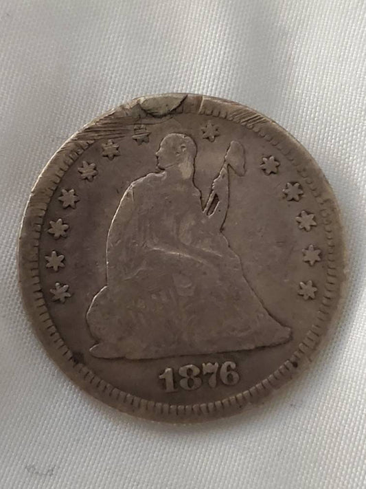 1876 silver seated liberty quarter type coin, centennial coin plugged