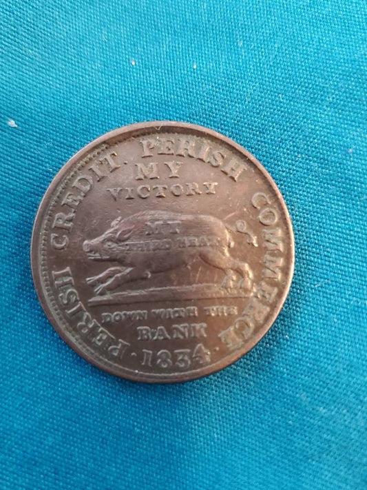 1834 hard times us token, rare in nice condition, anti Andrew Jackson pig political satire piece