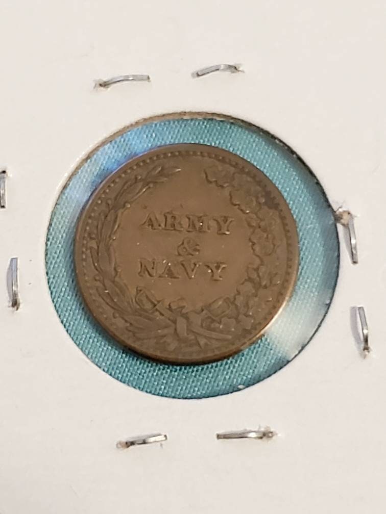 1863 civil war token better variety, circulating civil war currency cent army navy variety patriotic