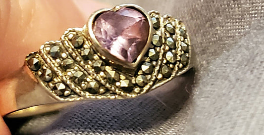 Vintage 925 sterling silver maracite and amethyst ring lovely large ring
