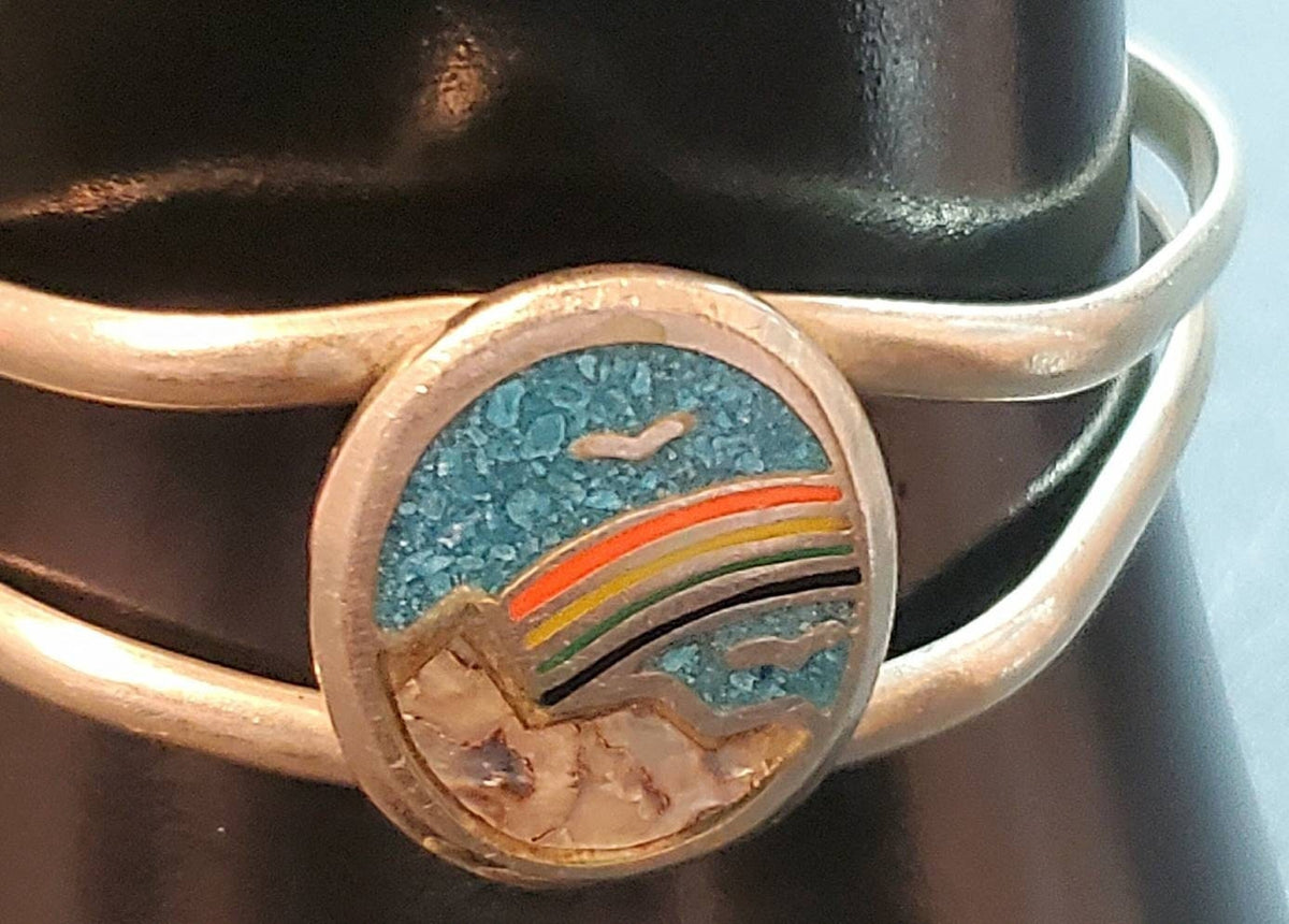 Rainbow mountain scene silver cuff bracelet handmade one of a kind