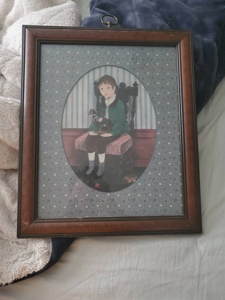 Vintage Ethan Allen 1980s wall art painting girl with toy horse ships free