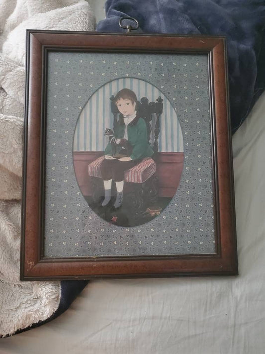 Vintage Ethan Allen 1980s wall art painting girl with toy horse ships free