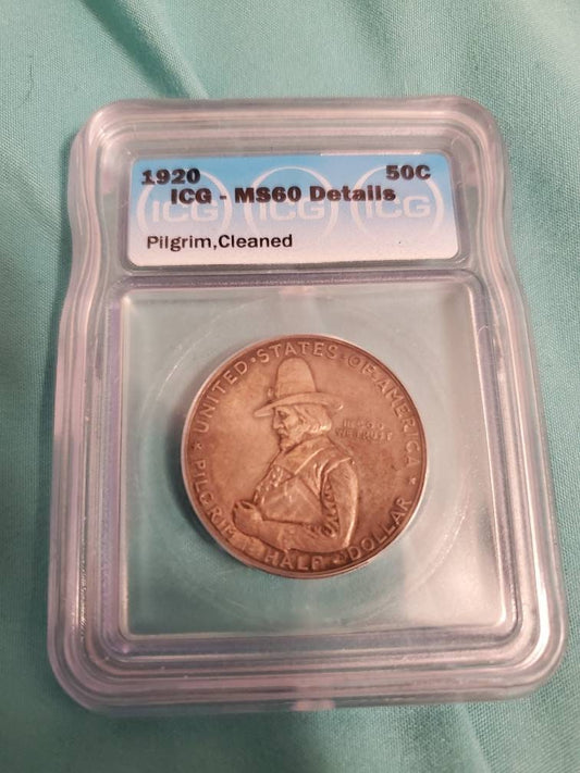 1920 pilgrim silver commemorative half dollar, uncirculated details