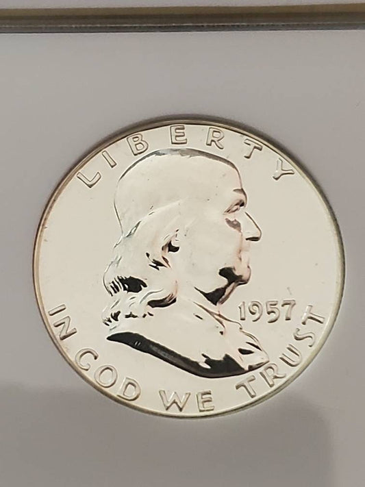 1957 proof silver Franklin half, pci graded proof66, looks undergraded