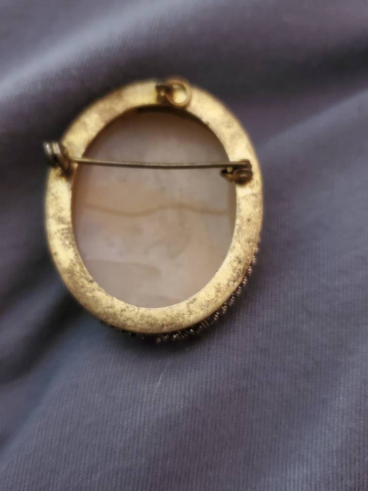 Antique shell cameo attractive tree in wind forest scene real carved charm in gilded metal frame