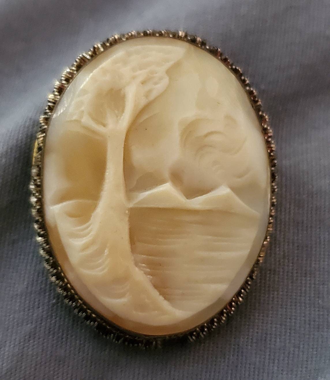 Antique shell cameo attractive tree in wind forest scene real carved charm in gilded metal frame