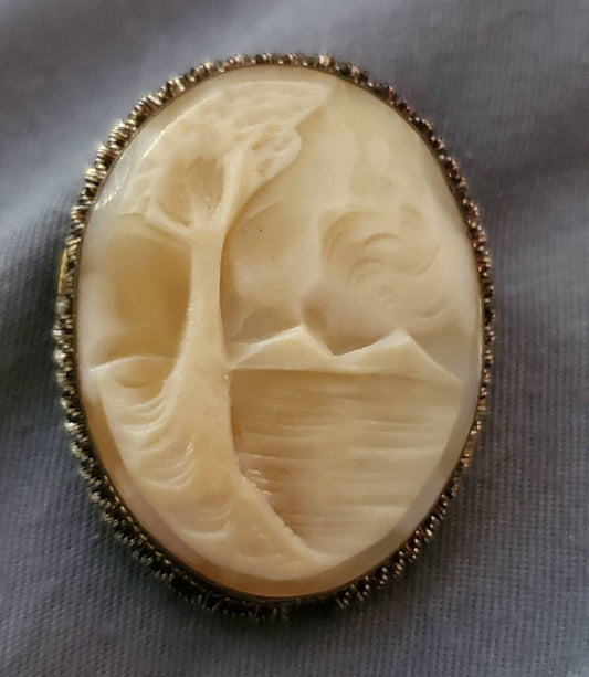 Antique shell cameo attractive tree in wind forest scene real carved charm in gilded metal frame