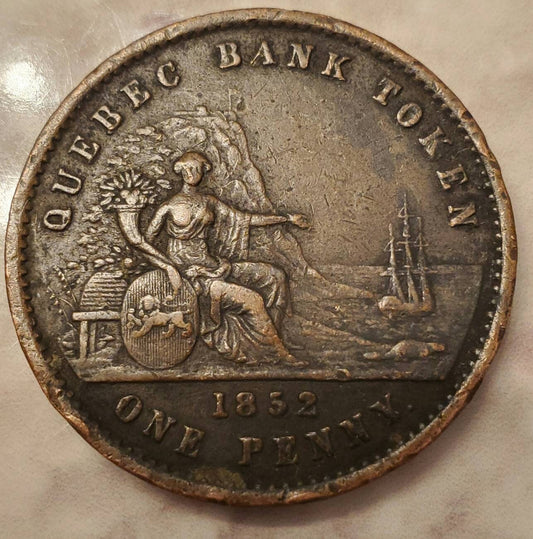 1852 Quebec bank token one penny large cent cool preconfederate coin