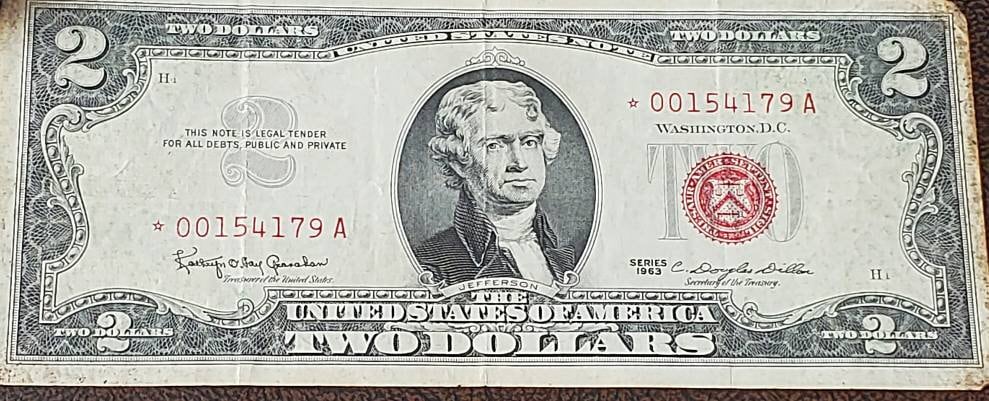 1963 red seal lucky two dollar bill star note