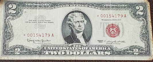 1963 red seal lucky two dollar bill star note