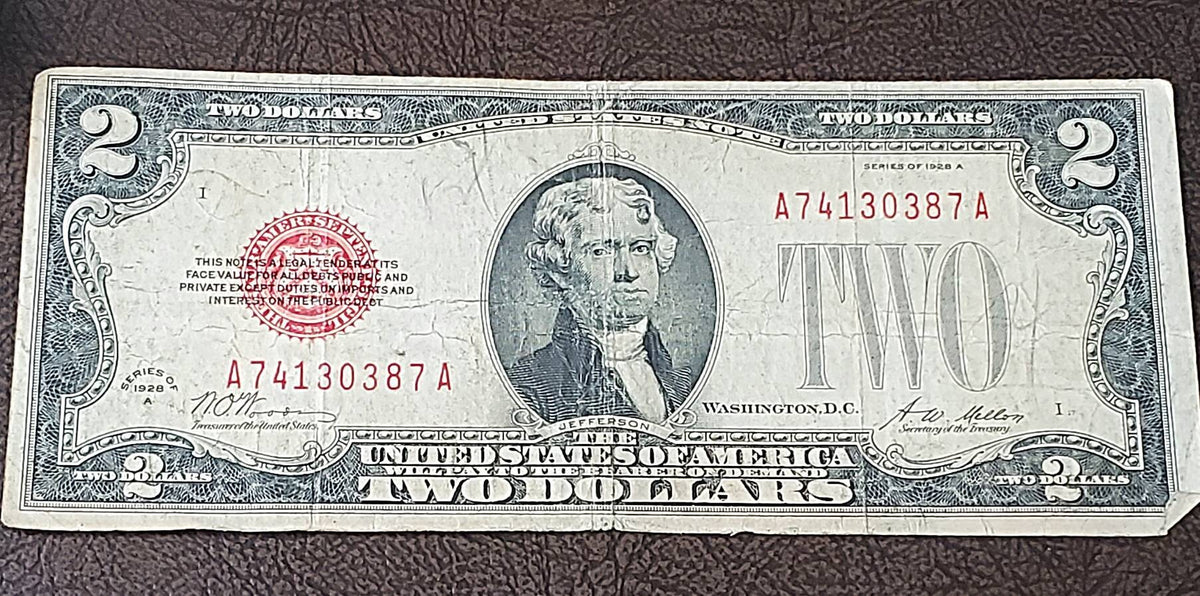 1928 two dollar bill red seal circulated currency note
