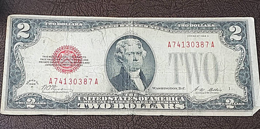 1928 two dollar bill red seal circulated currency note