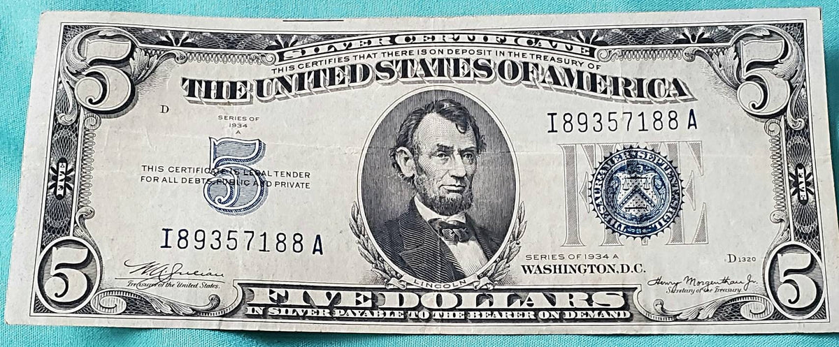 1934a 5 dollar blue seal silver certificate note