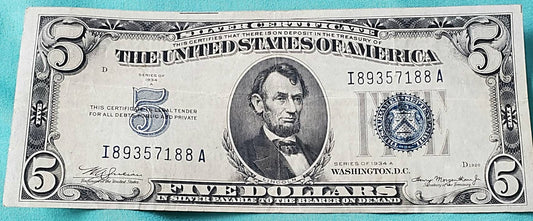 1934a 5 dollar blue seal silver certificate note