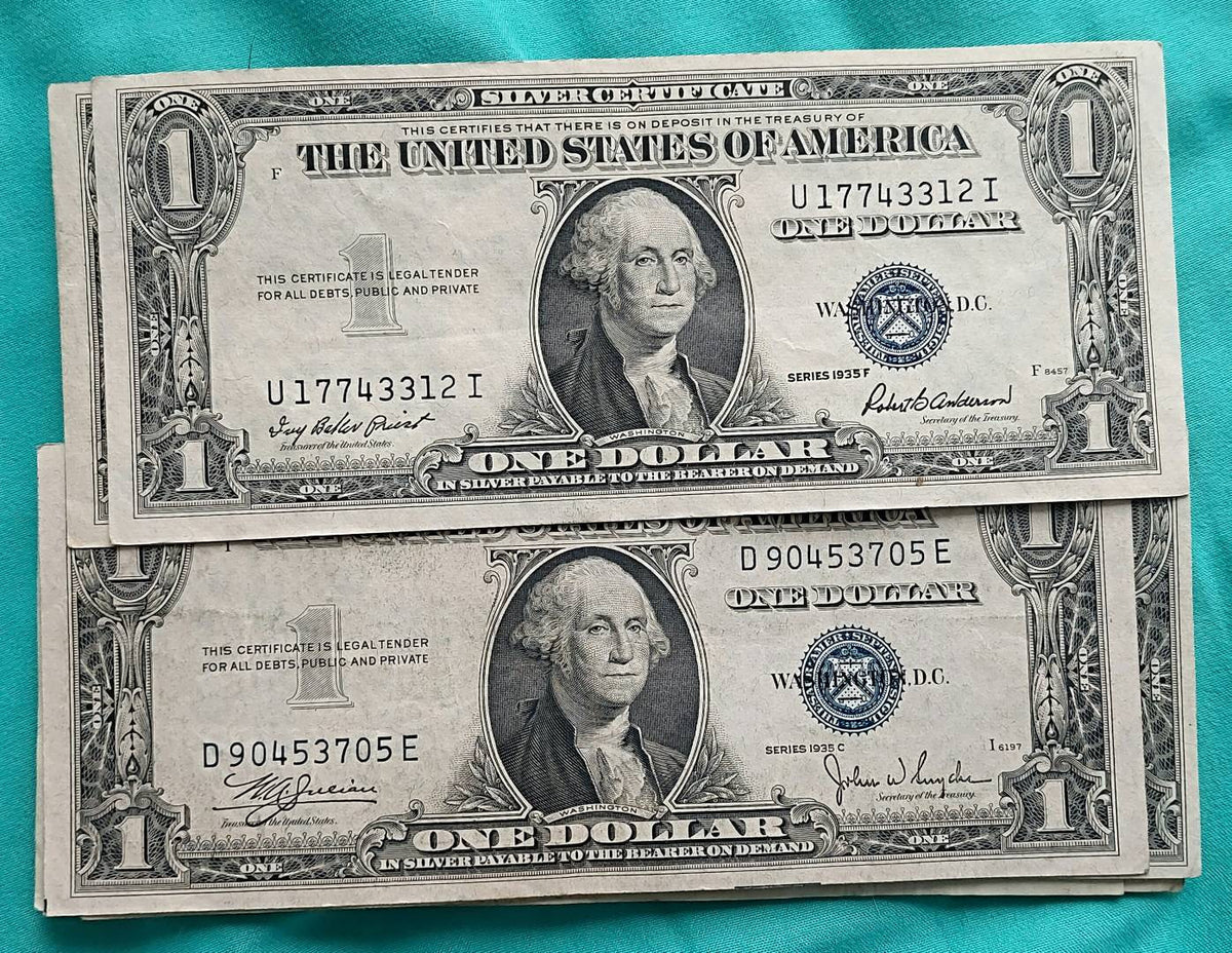1x 1935 silver certificate blue seal vintage us currency, midgrade 1935 series silver blue seals