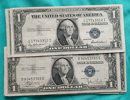 1x 1935 silver certificate blue seal vintage us currency, midgrade 1935 series silver blue seals