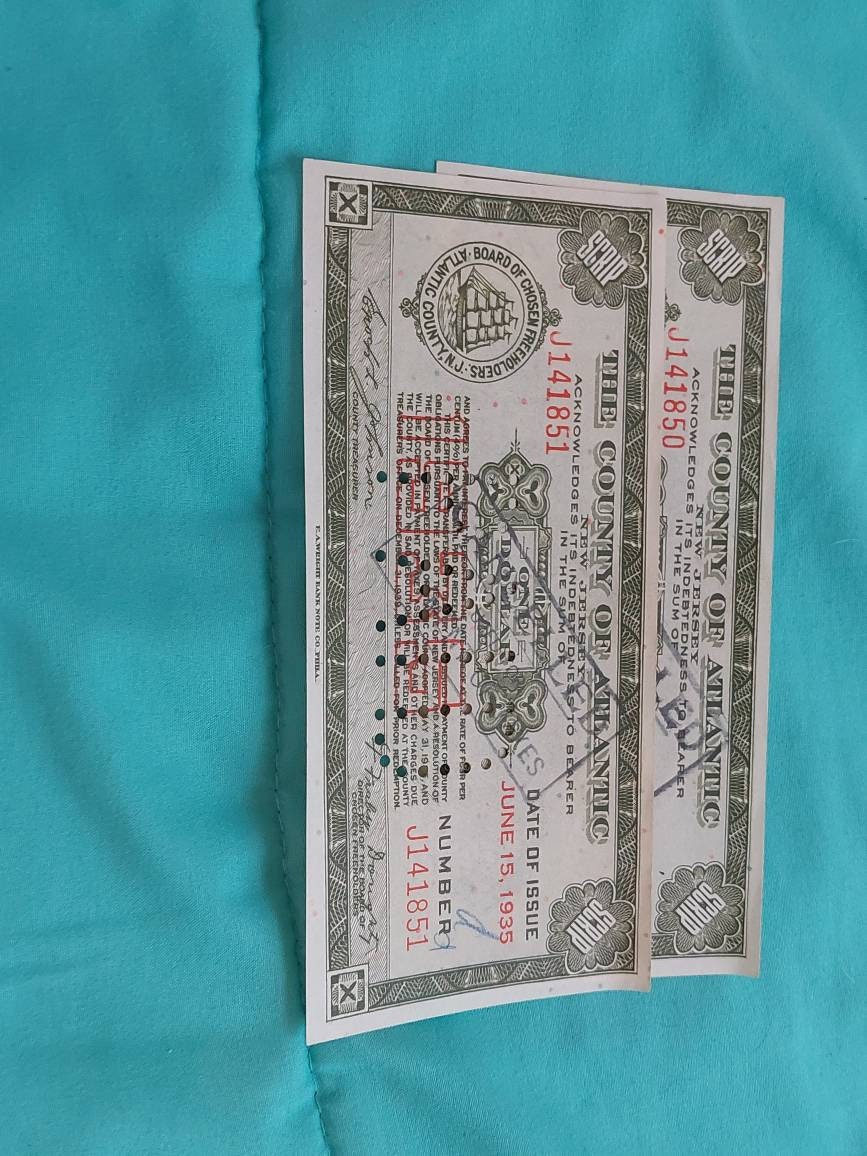 1935 new jersey, atlantic County one dollar hand signed paper bond