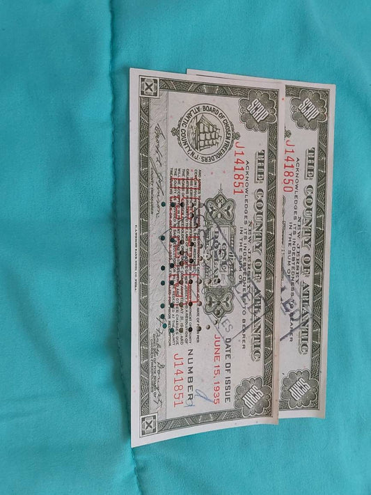 1935 new jersey, atlantic County one dollar hand signed paper bond