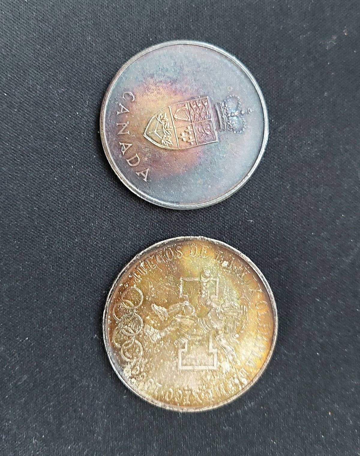 Large silver foreign coins beautiful toned 1967 Canada medal and 1960s Mexico Olympics commemorative, coin collecting, gifts for him