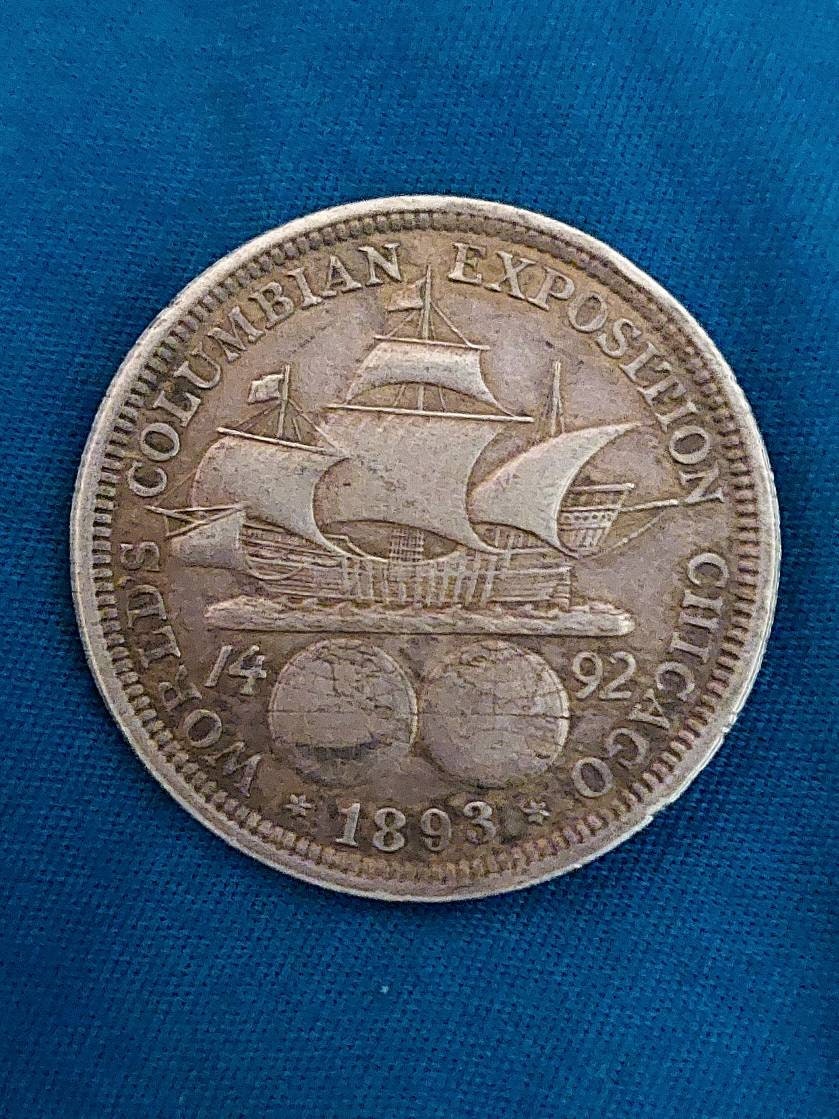 1893 columbian silver commemorative half dollar, 90 percent silver from the Chicago worlds fair