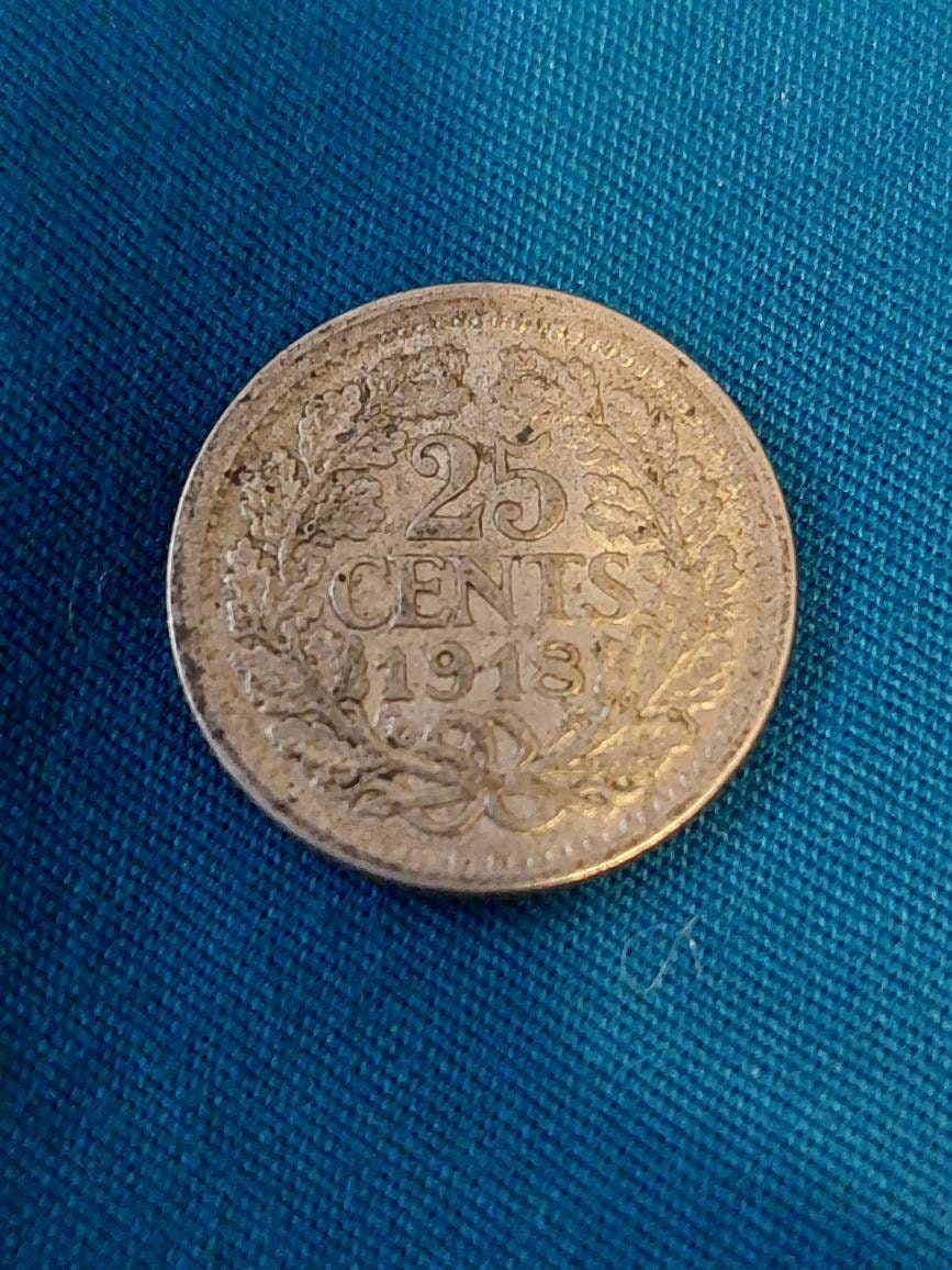1918 Netherlands silver 25 cents coin, coin collecting,  gifts for him