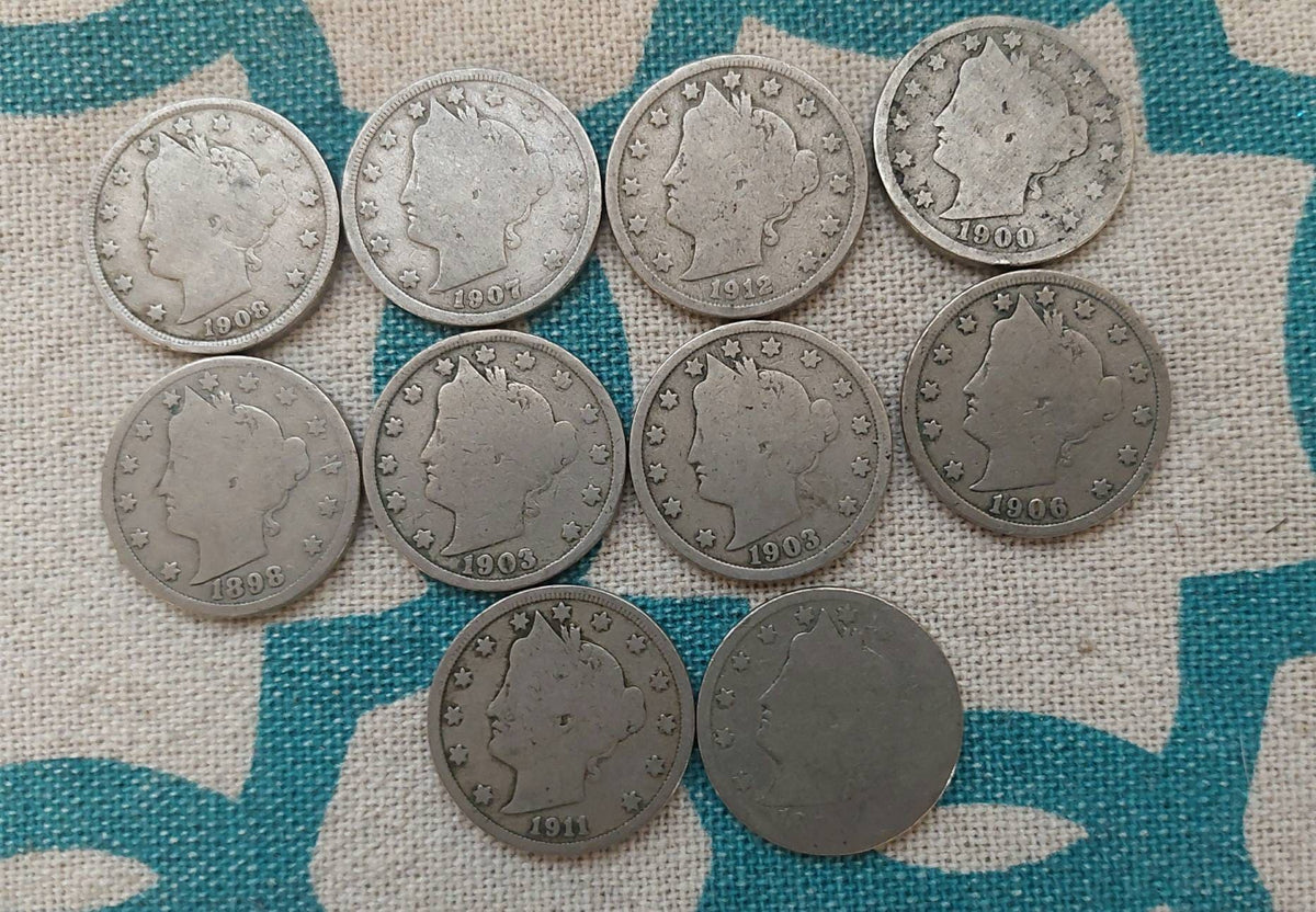 10 liberty v nickels including 1800s dates, all decent condition antique american nickels as pictured