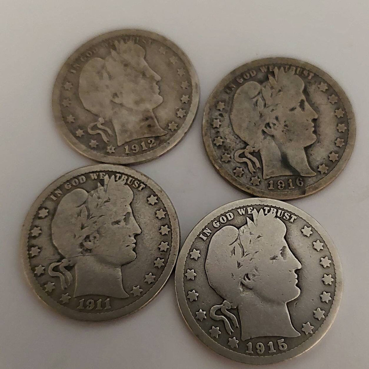 4 early 1900s barber silver quarters, 90 percent silver America coins