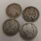 4 early 1900s barber silver quarters, 90 percent silver America coins, us antique money, gifts for him and hobby us coins