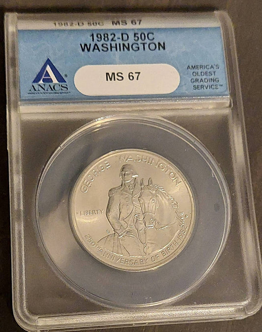 1982d Washington 50 cent commemorative silver coin, anacs graded ms67