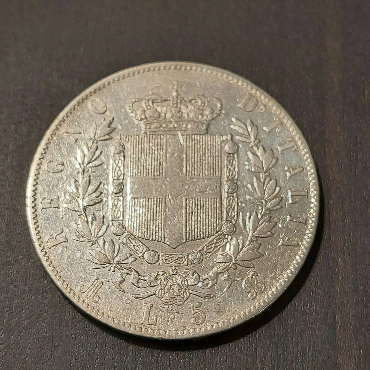 1873 Italian 5 lire silver crown coin
