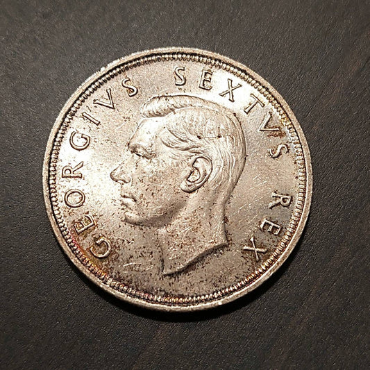 1952 south Africa 5 shilling silver coin toned high grade collectible mid century large silver coin