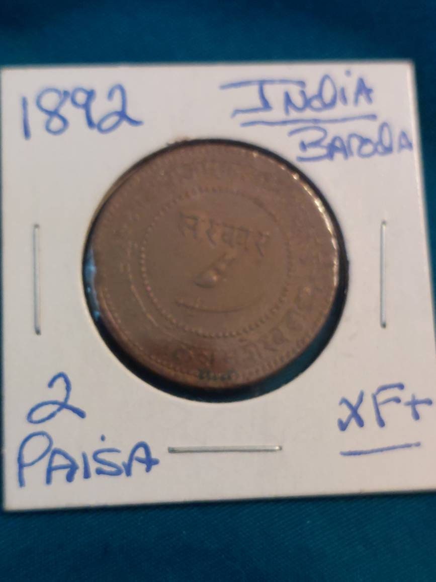1892 india states 2 paisa foreign coin xf, very rare copper indian states high grade foreign money