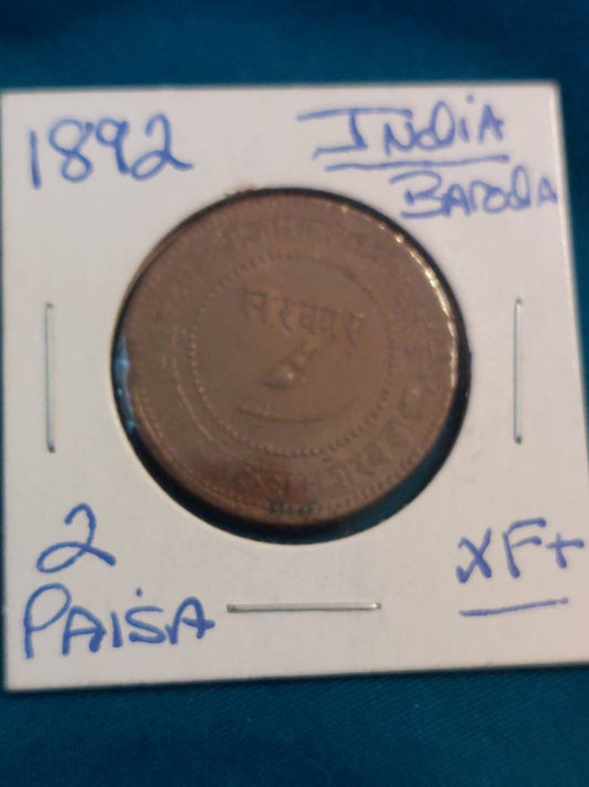 1892 india states 2 paisa foreign coin xf, very rare copper indian states high grade foreign money