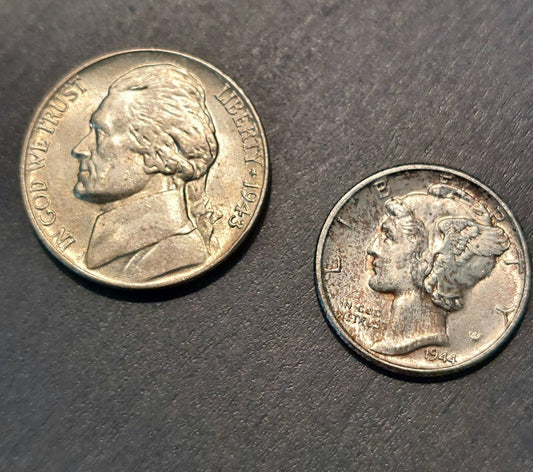 1945p silver War nickel and 1944 mercury dime, both high grade au/unc  beauties