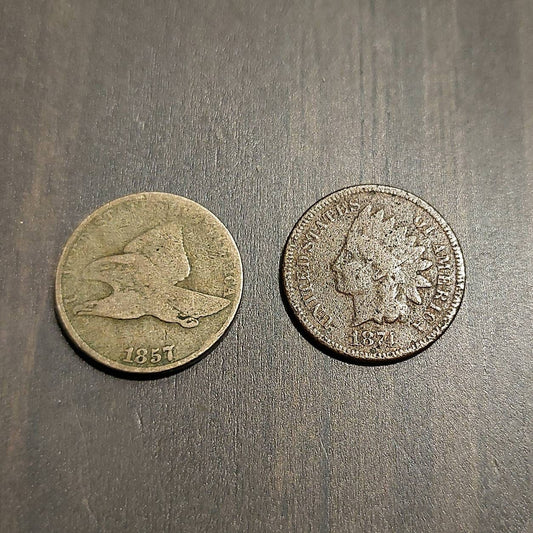 1857 flying eagle cent and 1874 key date indian head pennies, two rare copper antique cents!