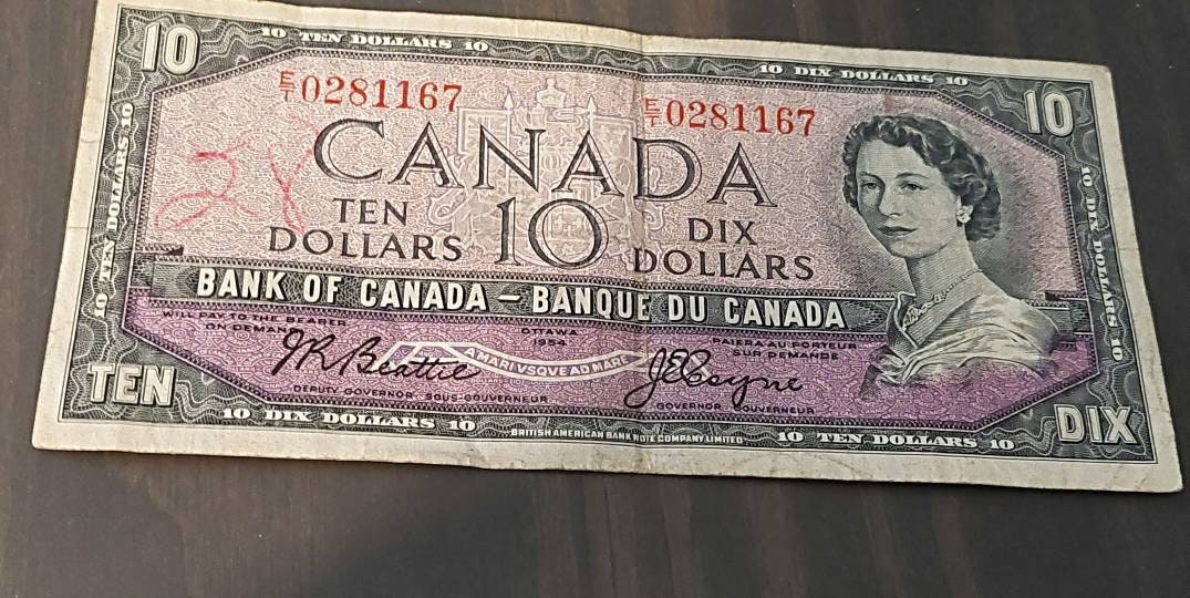 1954 Canada 10 dollar bill, queen Elizabeth foreign money